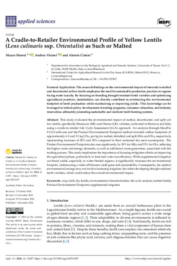 A Cradle-to-Retailer Environmental Profile of Yellow Lentils (Lens culinaris ssp. Orientalis) as Such or Malted