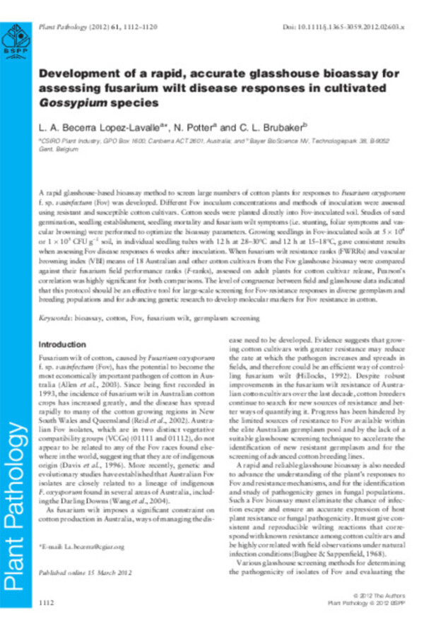 Development of a rapid, accurate glasshouse bioassay for assessing fusarium wilt disease responses in cultivated Gossypium species
