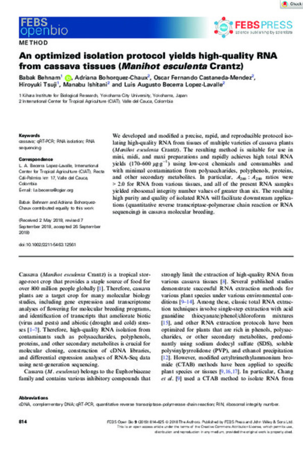 An optimized isolation protocol yields high-quality RNA from cassava tissues (Manihot esculenta Crantz)