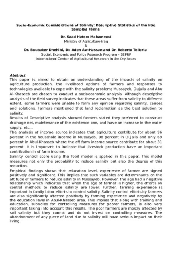 Impacts of Soil Salinity on the Productivity of Al-Musayyeb Small Farms in Iraq: An Examination of Technical, Economic and Allocative Efficiency