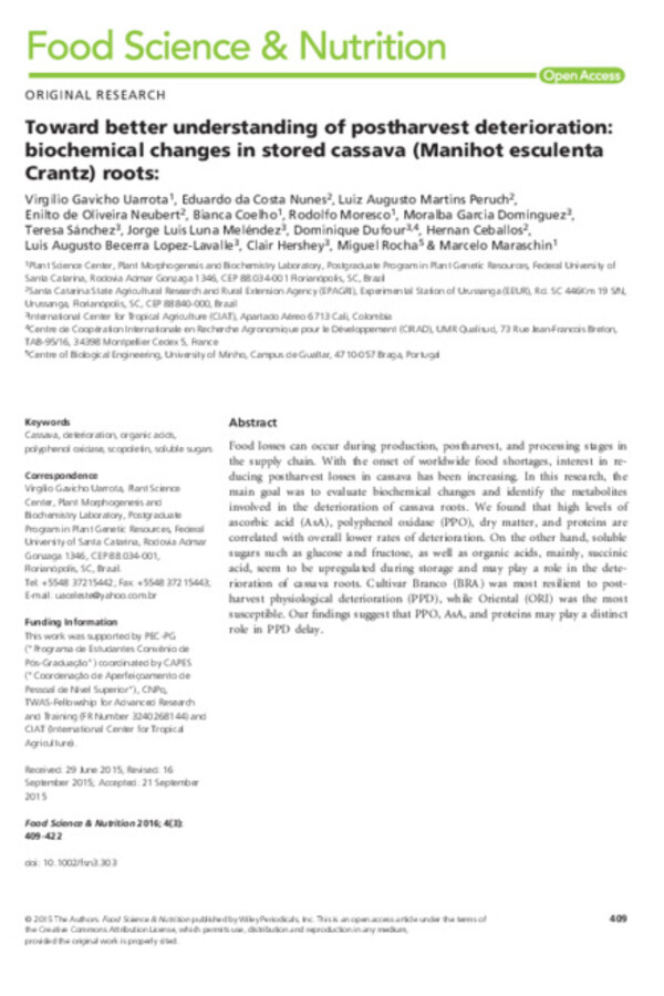 Toward better understanding of postharvest deterioration: biochemical changes in stored cassava (Manihot esculenta Crantz) roots