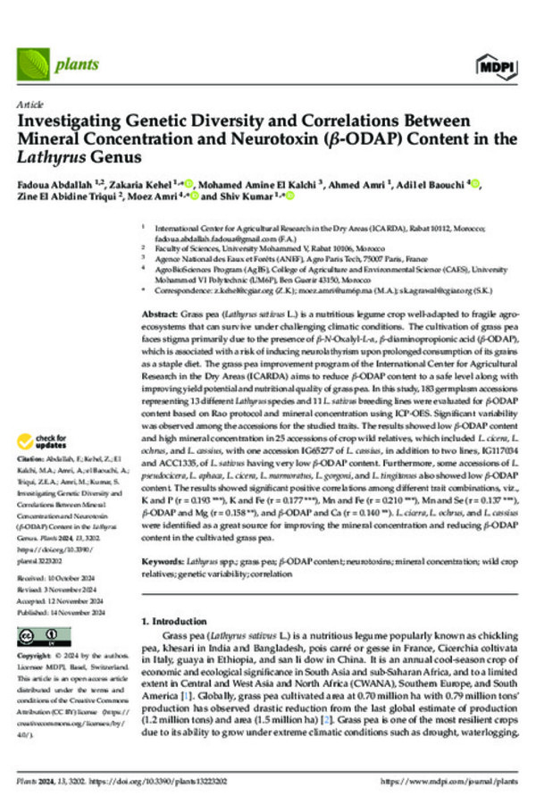 Investigating Genetic Diversity and Correlations Between Mineral Concentration and Neurotoxin (β-ODAP) Content in the Lathyrus Genus
