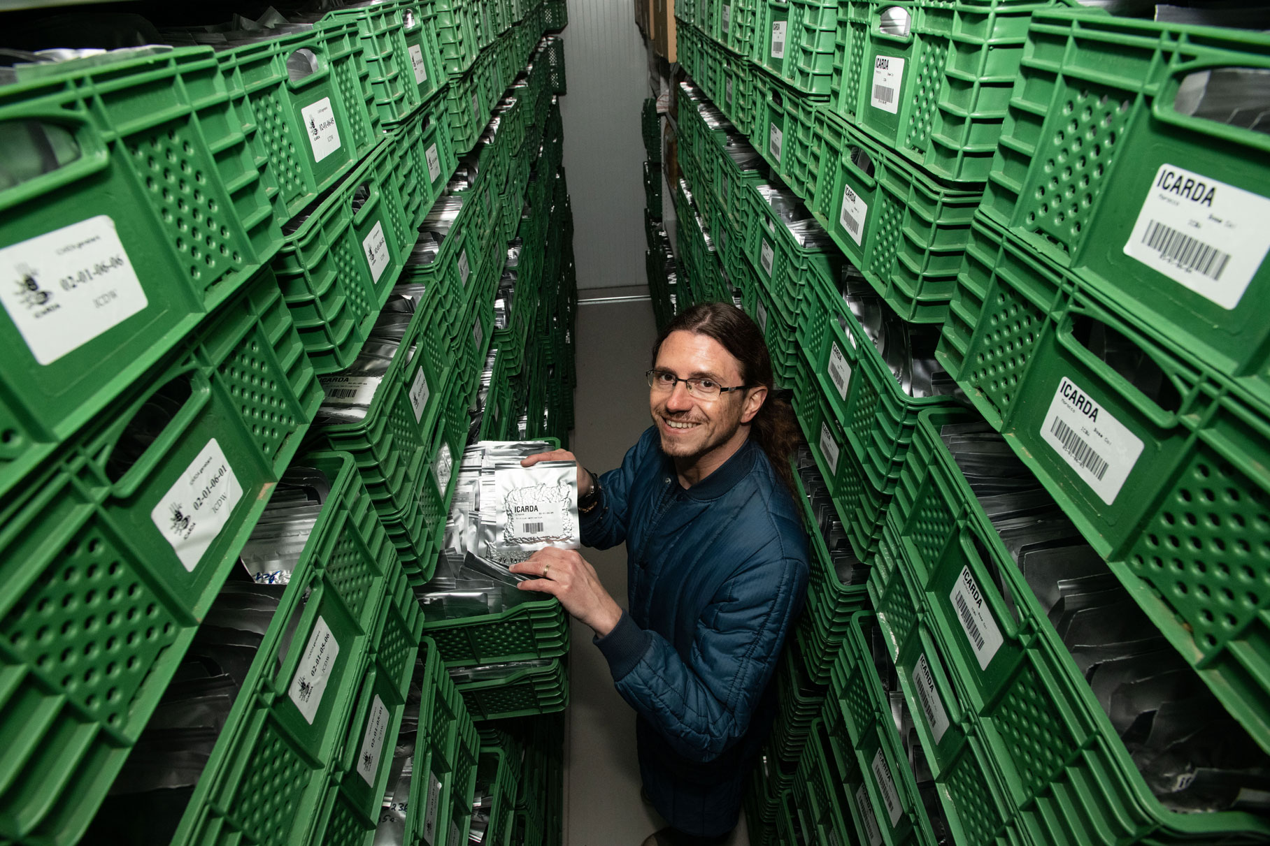 Dr. Athanasios Tsivelikas inside ICARDA-Rabat Genebank, Morocco. 2022. Photo by Michael Major/Crop Trust.