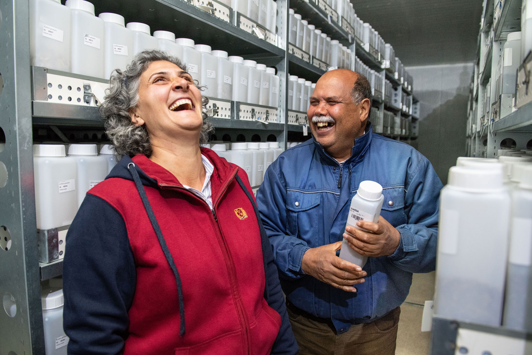 Dr. Mariana Yazbek and Dr. Ahmed Amri inside ICARDA-Terbol Genebank, Lebanon. 2018. Photo by Michael Major/Crop Trust.