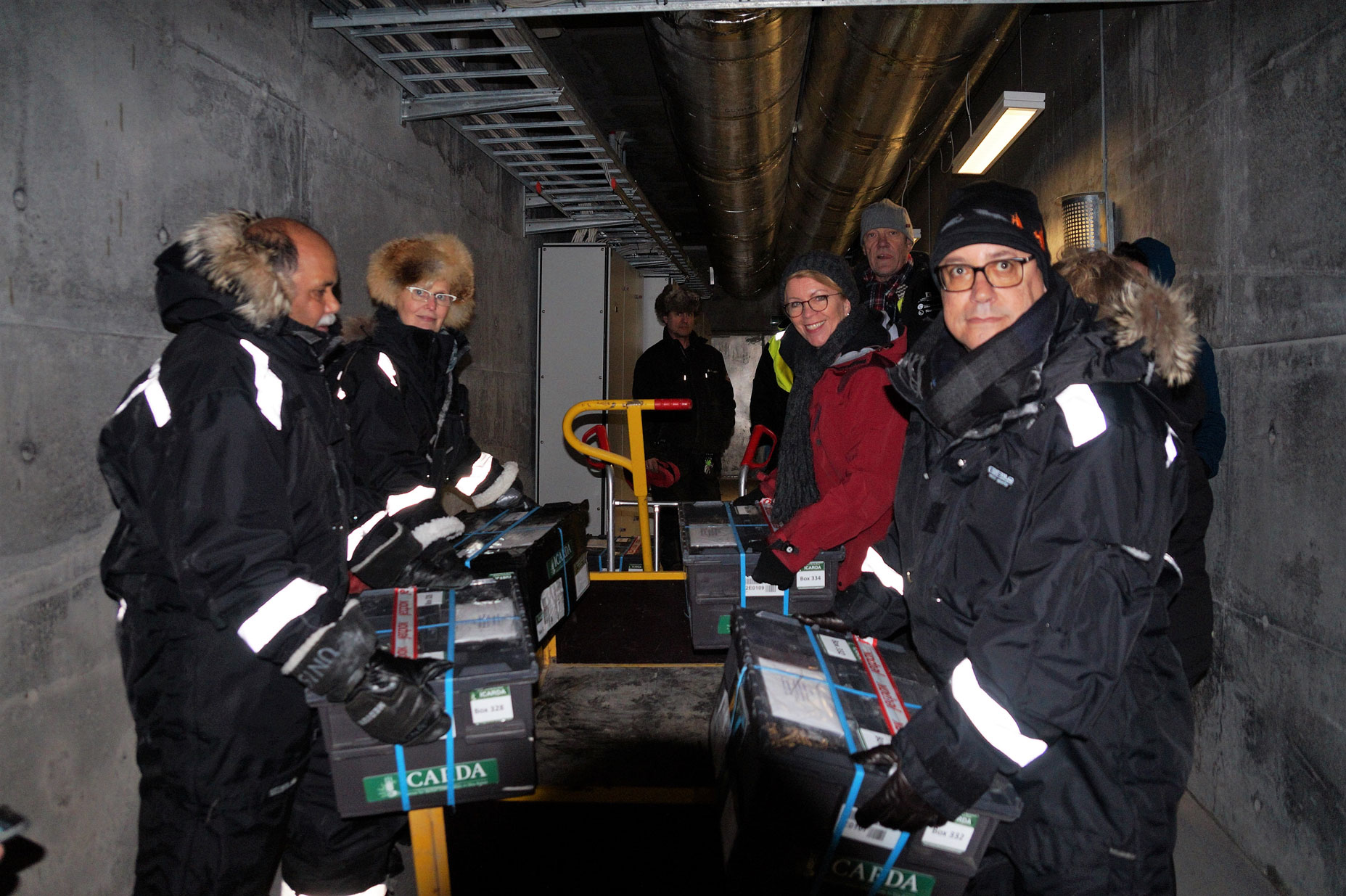 ICARDA seed boxes arriving in Svalbard Vault, delivered by Dr. Ahmed Amri, Former ICARDA Head of Genetic Resources; Margret Thalwitz, Former ICARDA Board Chair; Marie Haga, Former Crop Trust CEO; Aly Abousabaa, ICARDA Director General. 2017. Photo by Crop Trust.