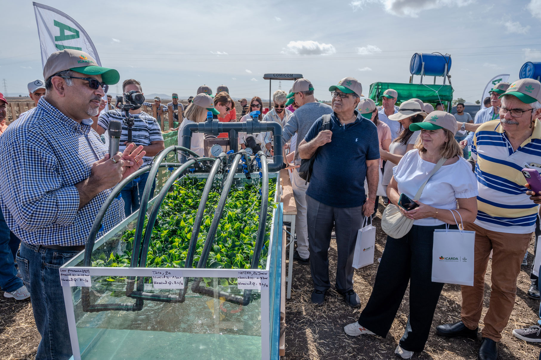 Dr. Vinay Nangia showcases a drip irrigation model to members of the CGIAR ISDC and SC during their annual meeting hosted by ICARDA in Rabat, Morocco. 2023. Photo by Ismail Belkhadir/ICARDA.