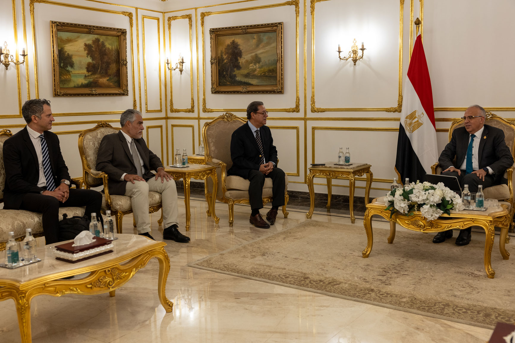 Dr. Mohie Omar, Dr. Augusto Becerra, and Mr. Aly Abousabaa with H.E. Hani Sewilam, Minister of Water Resources and Irrigation in Egypt, at Cairo Water Week 2025. Photo by Mohamed El Sherif/ICARDA.