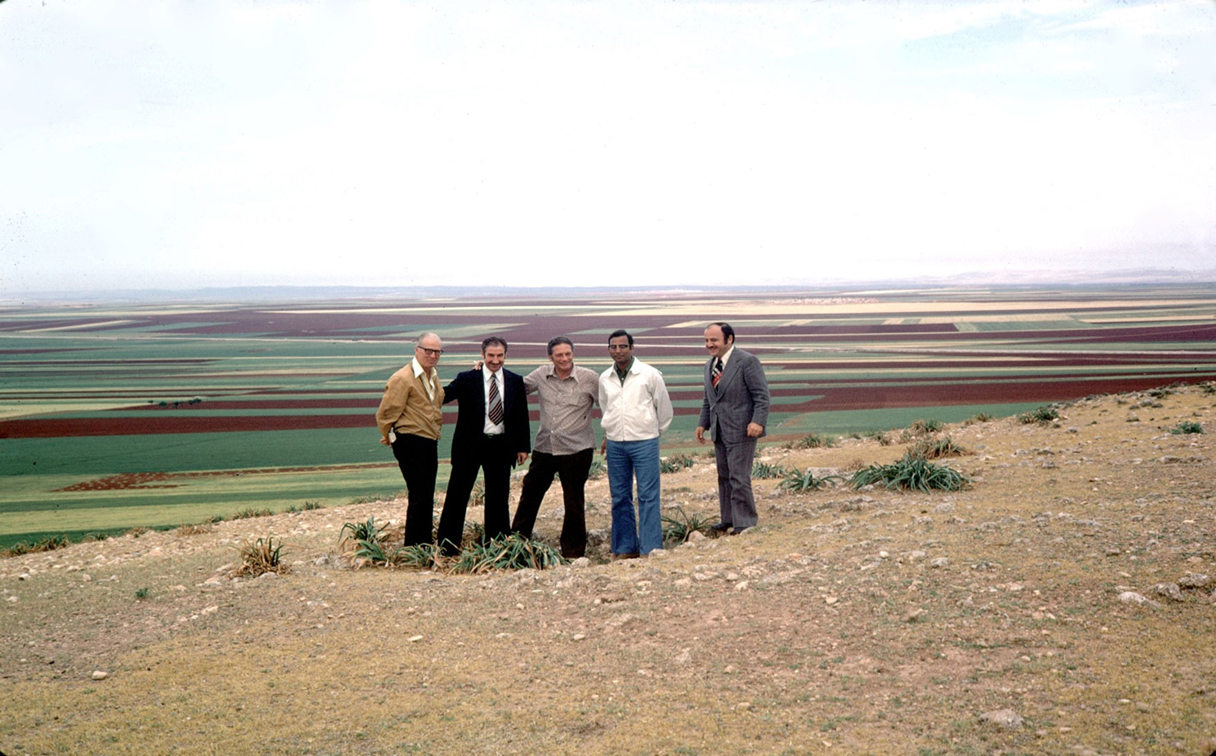 Dr. Norman E. Borlaug, Nobel Peace Prize Laureate and father of the Green Revolution; Mr. Ahmed Mousa Al-Ali, Director of Aleppo Agriculture Directorate; Dr. Robert Havener, former Chair of ICARDA's Board of Trustees; Dr. Jitendra P. Srivastava, international plant breeding researcher and former head of ICARDA's cereals program; and Mr. Fayek Bah'hadi, senior staff member at the Aleppo Agriculture Directorate.At the location of the ICARDA research station near Tel Hadya, Syria, selected in 1975.